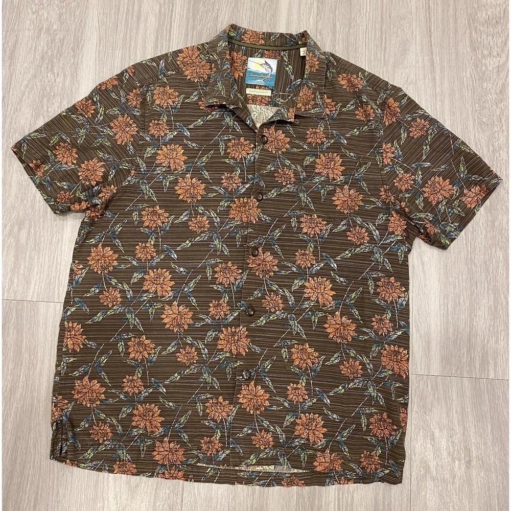 Tommy Bahama Shirt Men's L Brown Floral Hawaiian Island Modern Fit Silk‎ Blend